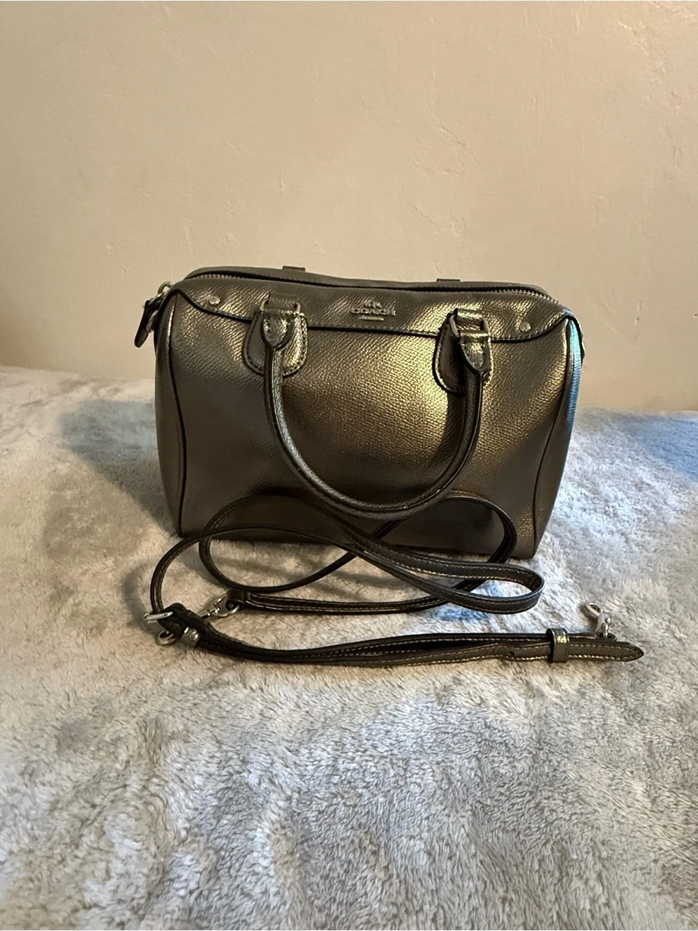 Coach Metallic Pewter Leather Satchel with Crossbody Strap